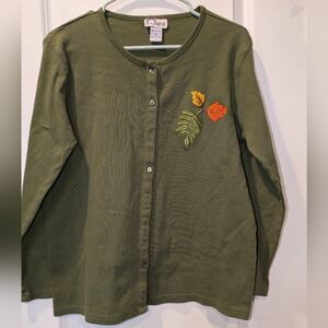 Rainbow brand olive green 100 % cotton cardigan with Leaf Embroidery Large